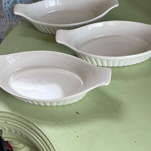 Oven proof made in Japan stoneware Au Gratin dish speckled set of 3. Midcentury